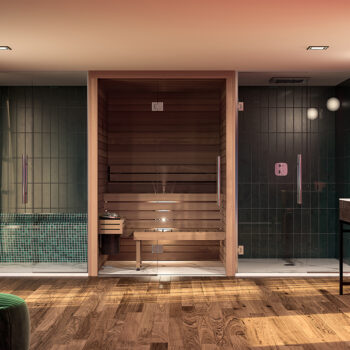 Sauna cala mit durchgängiger Glasfront und exquisitem Design