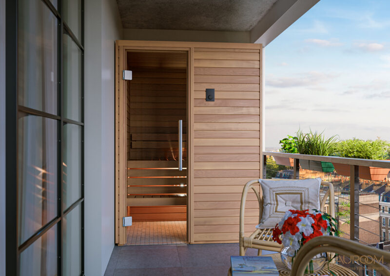 Auroom Cala moderne Sauna auf Balkon integriert