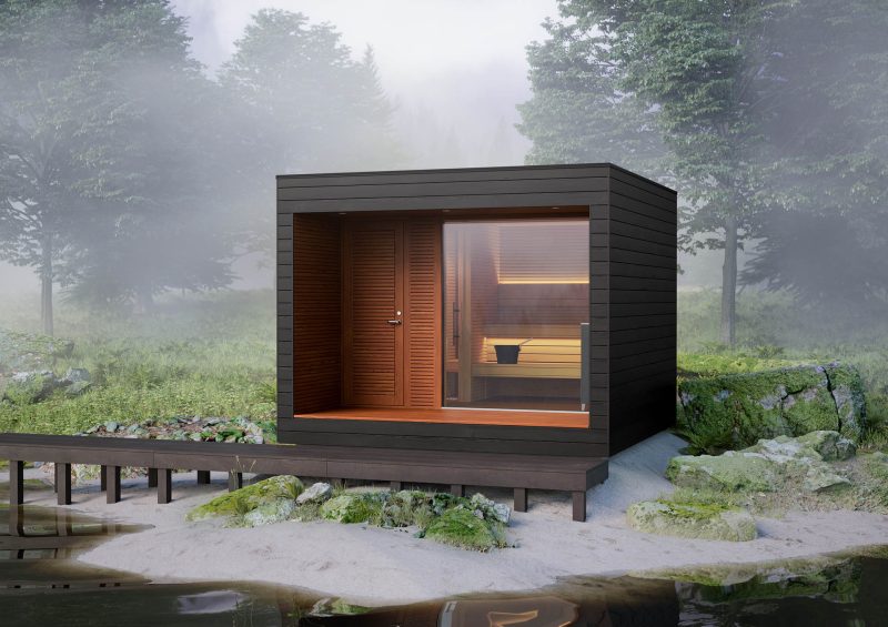 Stimmungsvolle Designer-Sauna in dunklem Holz