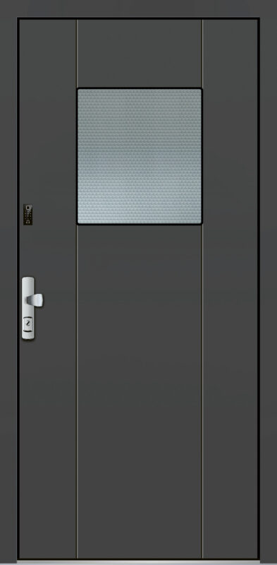 Moderne Aluminium Nebeneingangstüre in anthrazit mit kleinem Satino Glasausschnitt mittig
