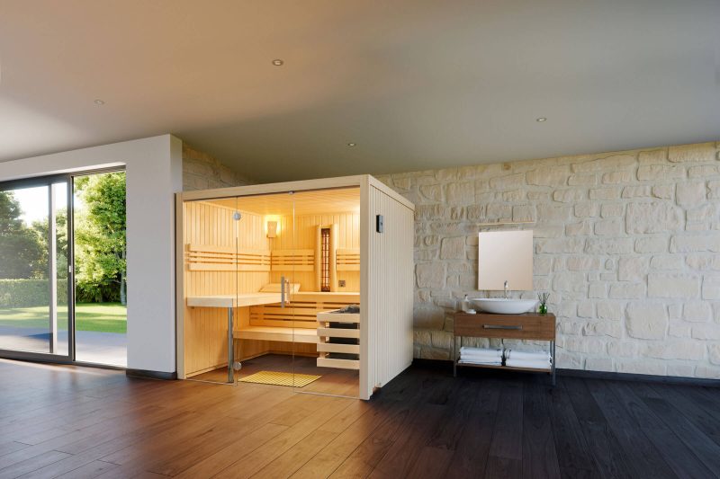 Moderne Sauna mit offener Glasfront