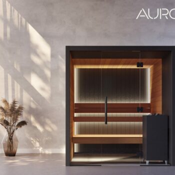 Sauna vulcana im luxuriösen Design mit geschwärzten Holzanteilen und Glasfront.